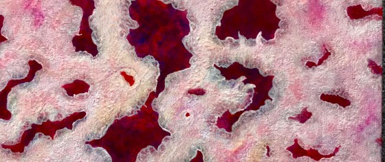 Detail of a painting by MJ Seal that looks like a group of lacey pink coral polyps with strawberry jam colored insides