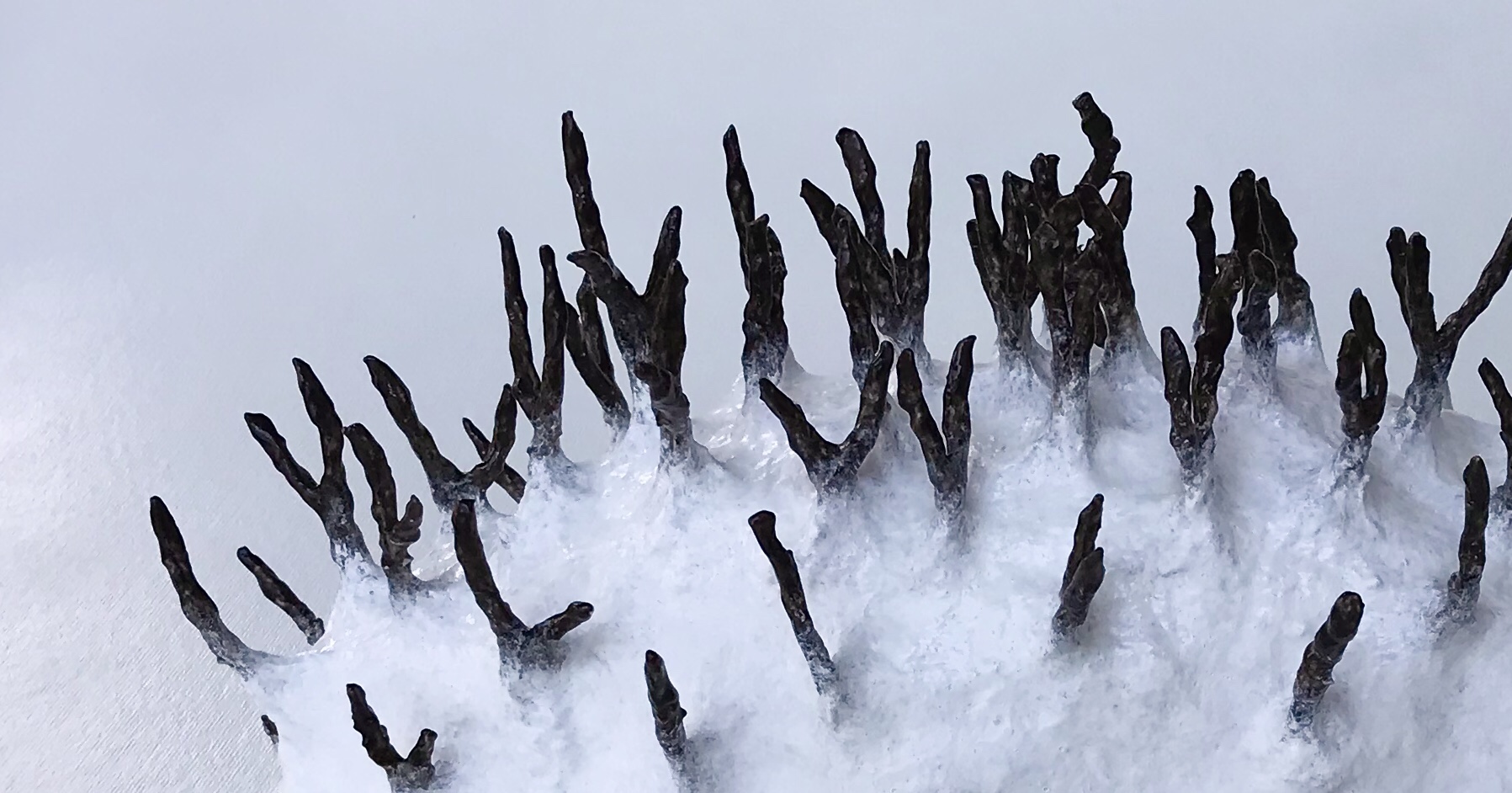 Detail of an abstract paper mache sculpture by MJ Seal that resembles a primitive white sea creature with black spikes poking out