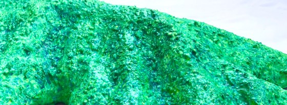 Detail of an abstract paper mache by MJ Seal that resembles a cross between a mountain and a primitive sea creature with green reptilian skin