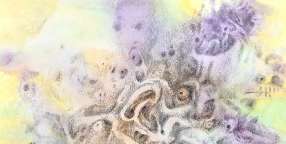 Detail of an abstract free association drawing over an abstract watercolor painting by MJ Seal