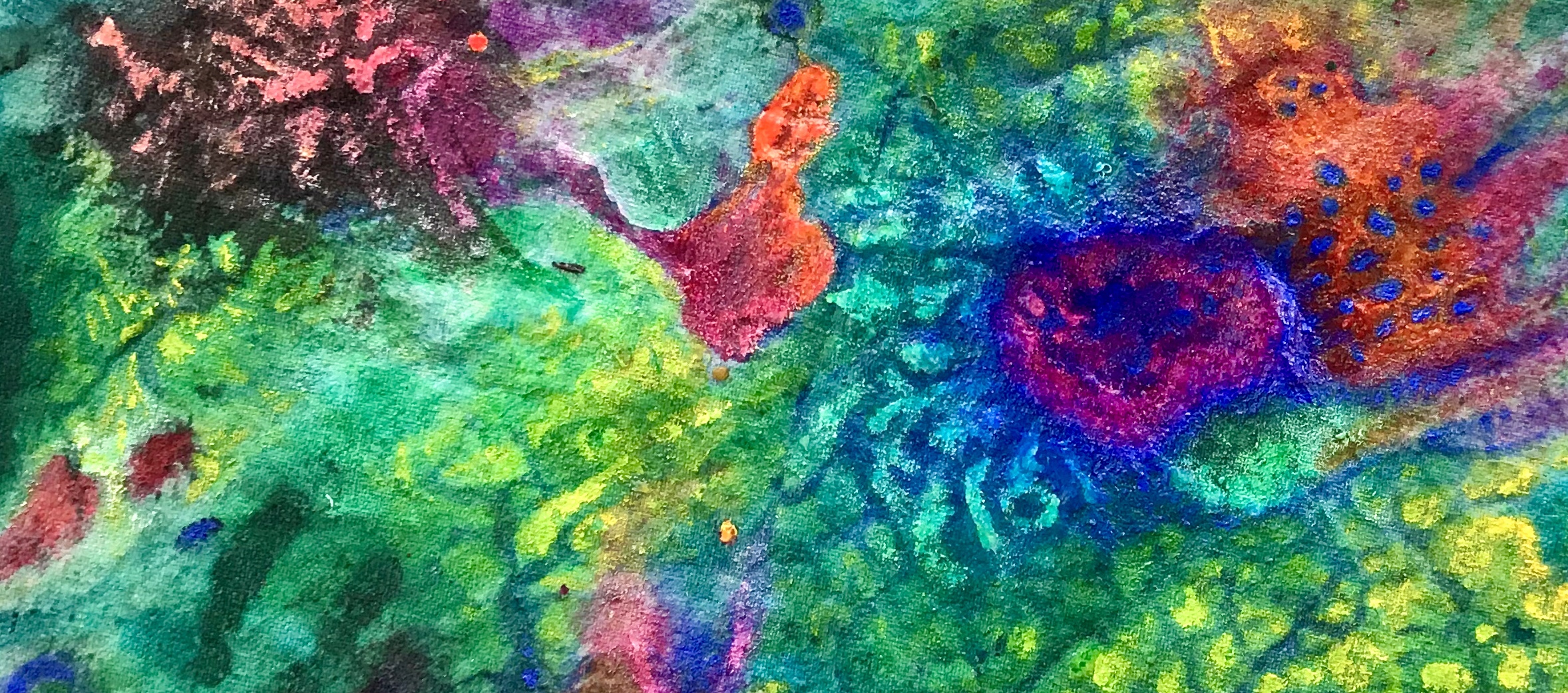 Detail of an abstract acrylic painting by MJ Seal that resembles a very large and colorful paramecium