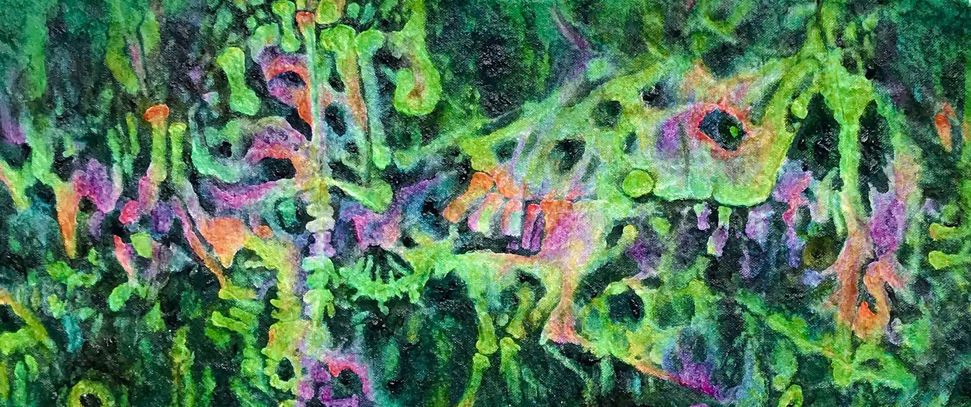 Detail of an abstract painting by MJ Seal that resembles a rainbow hued fossil bone bed within a giant green paramecium