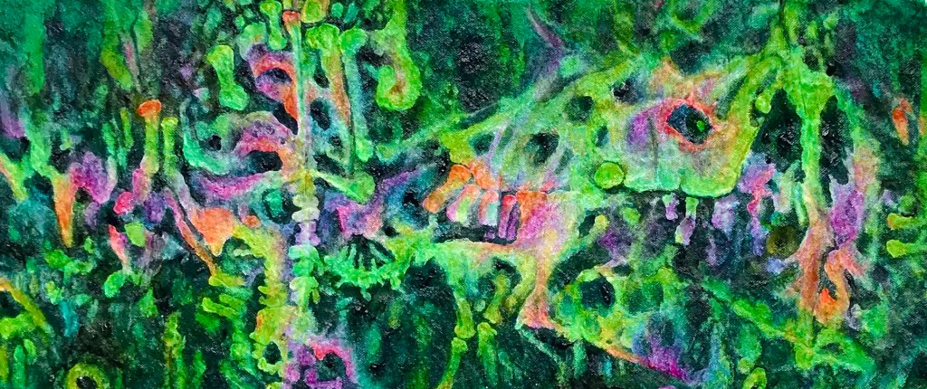 Detail of an abstract painting by MJ Seal that resembles a rainbow hued fossil bone bed within a giant green paramecium