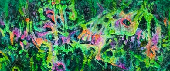 Detail of an abstract painting by MJ Seal that resembles a rainbow hued fossil bone bed within a giant green paramecium