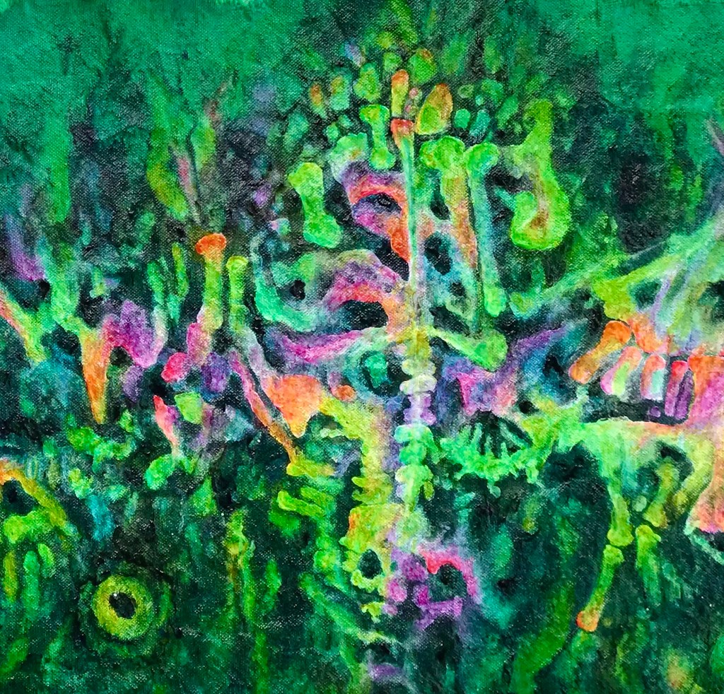 Detail of an abstract painting by MJ Seal that resembles a rainbow hued fossil bone bed within a giant green paramecium