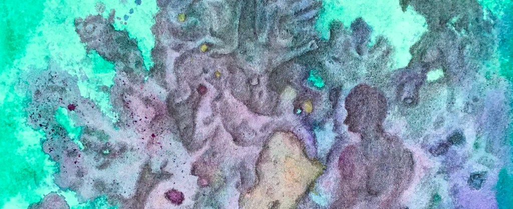 Detail of an abstract free association drawing over an abstract watercolor painting by MJ Seal