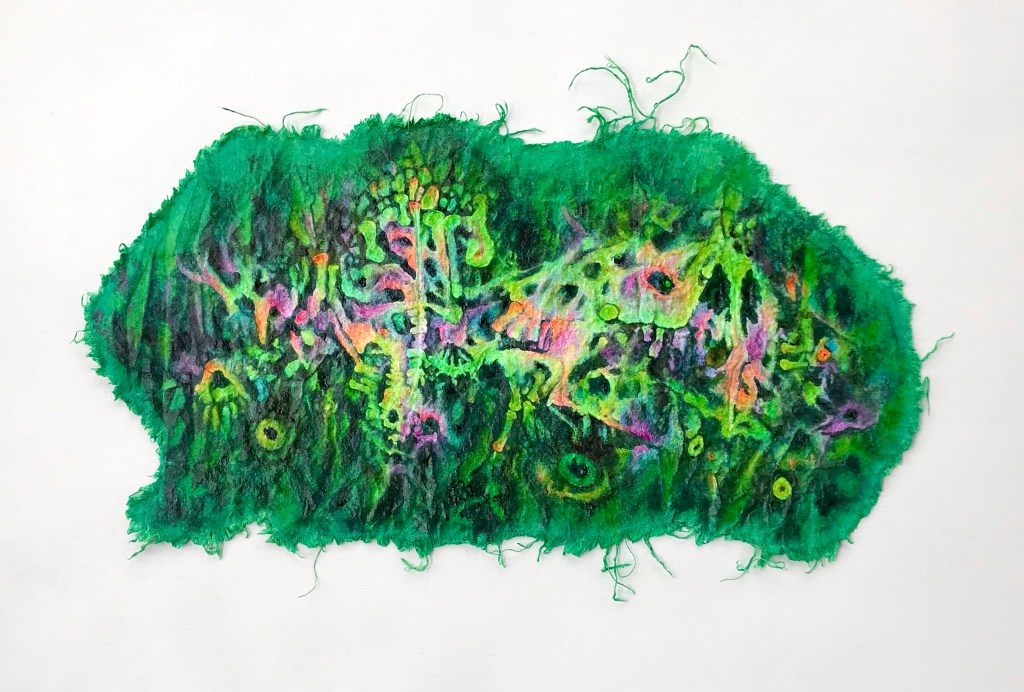 Full view of an abstract painting by MJ Seal that resembles a rainbow hued fossil bone bed within a giant green paramecium