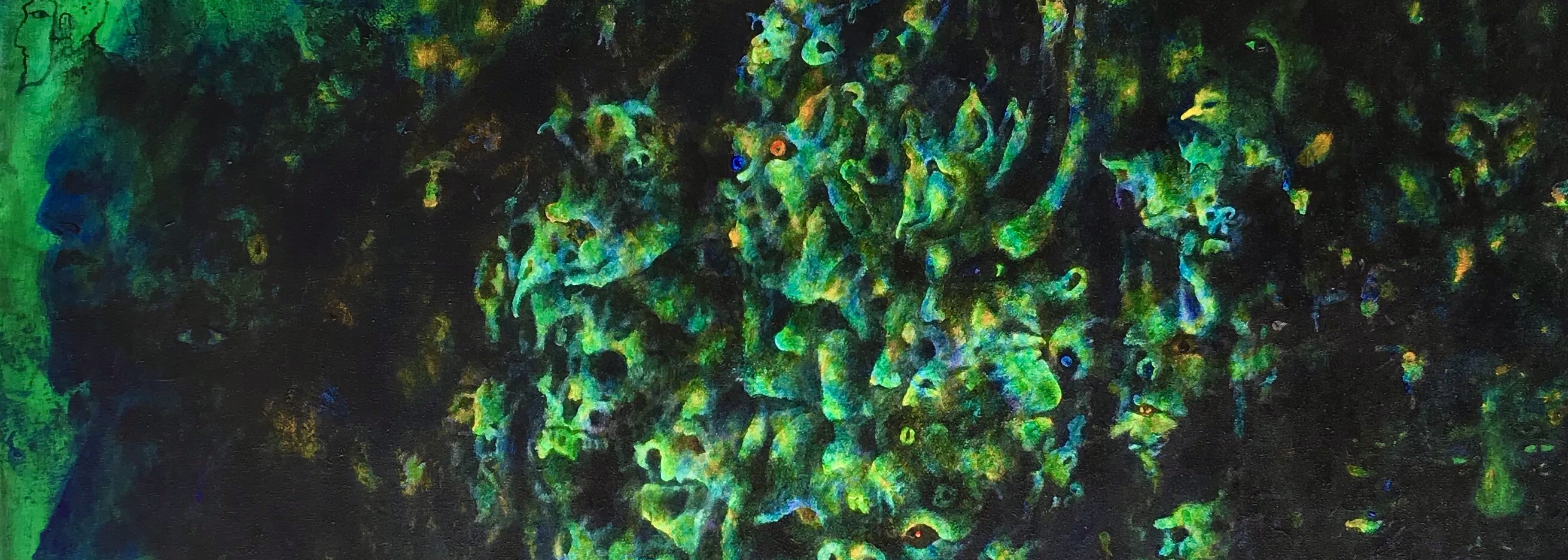 Detail of an abstract painting by MJ Seal that resembles a mass of disembodied spirits camouflaged in sunbeams filtered through a dense forest canopy
