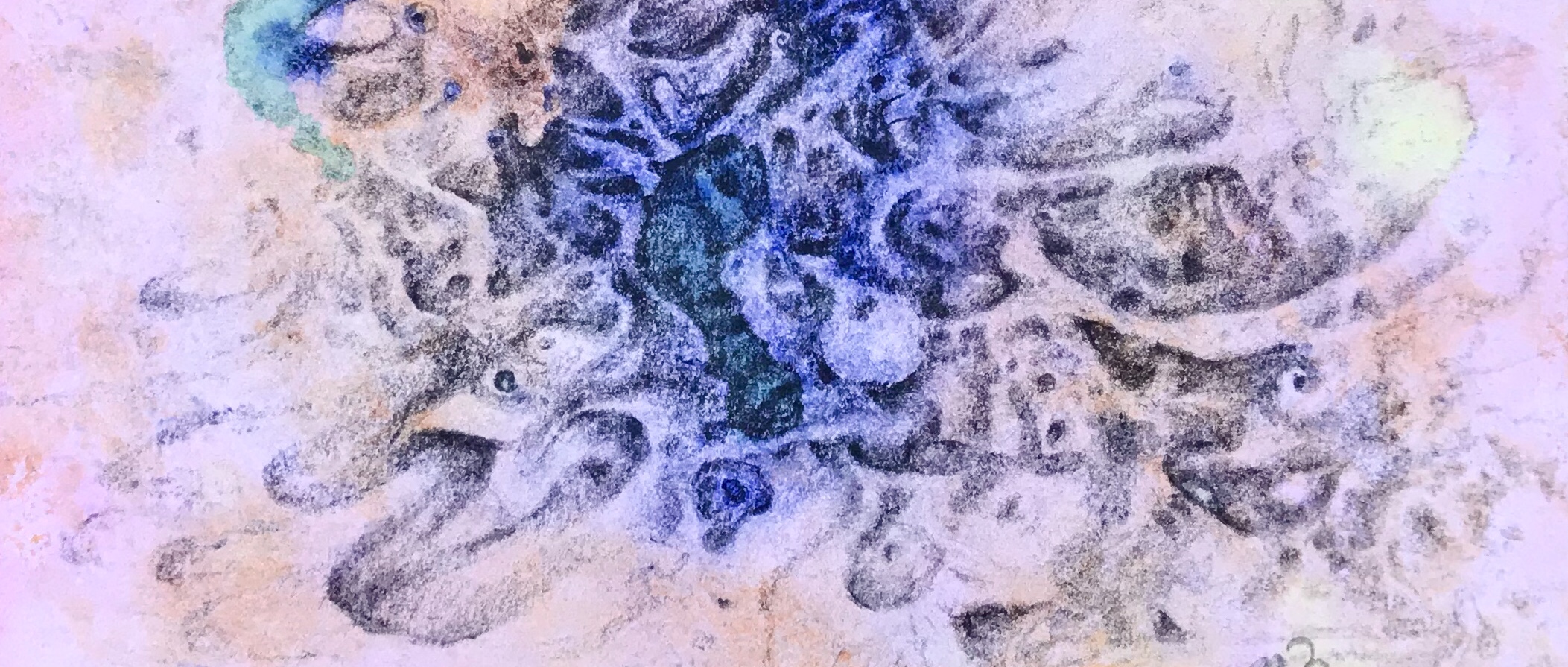 Detail of a drawing over an abstract watercolor painting by MJ Seal