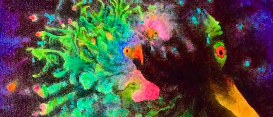 Detail of a very colorful painting by MJ Seal that looks like very strange birds and nude figures emerging from a dark bluish purple forest or cloud