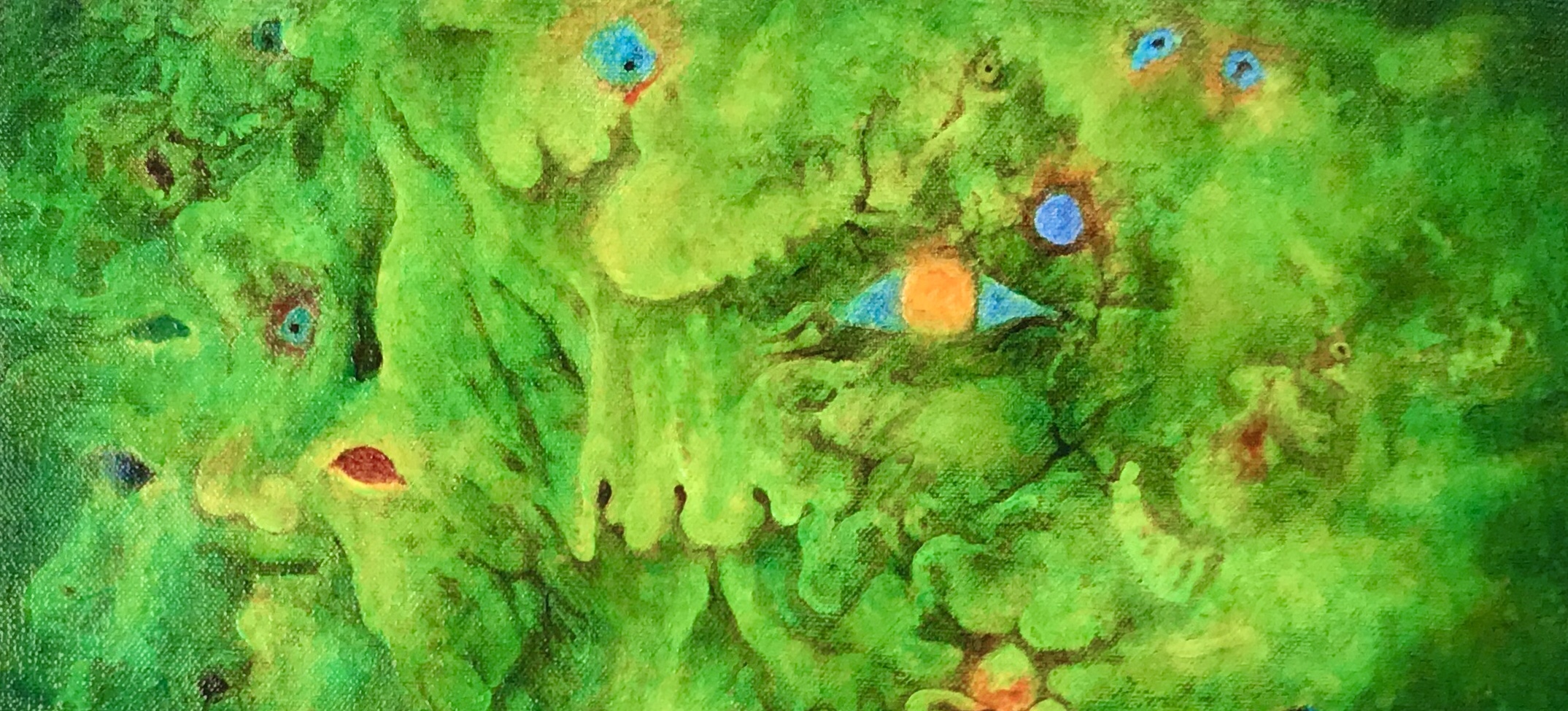 Detail of a painting by MJ Seal that resembles grotesque faces emerging from a leafy chartreuse green background