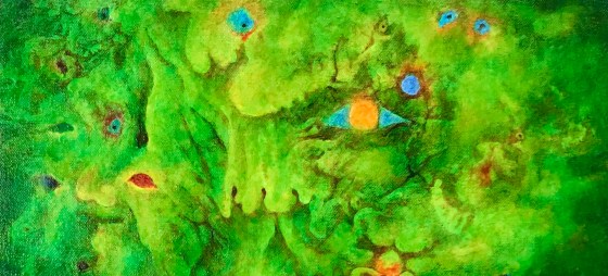 Detail of a painting by MJ Seal that resembles grotesque faces emerging from a leafy chartreuse green background