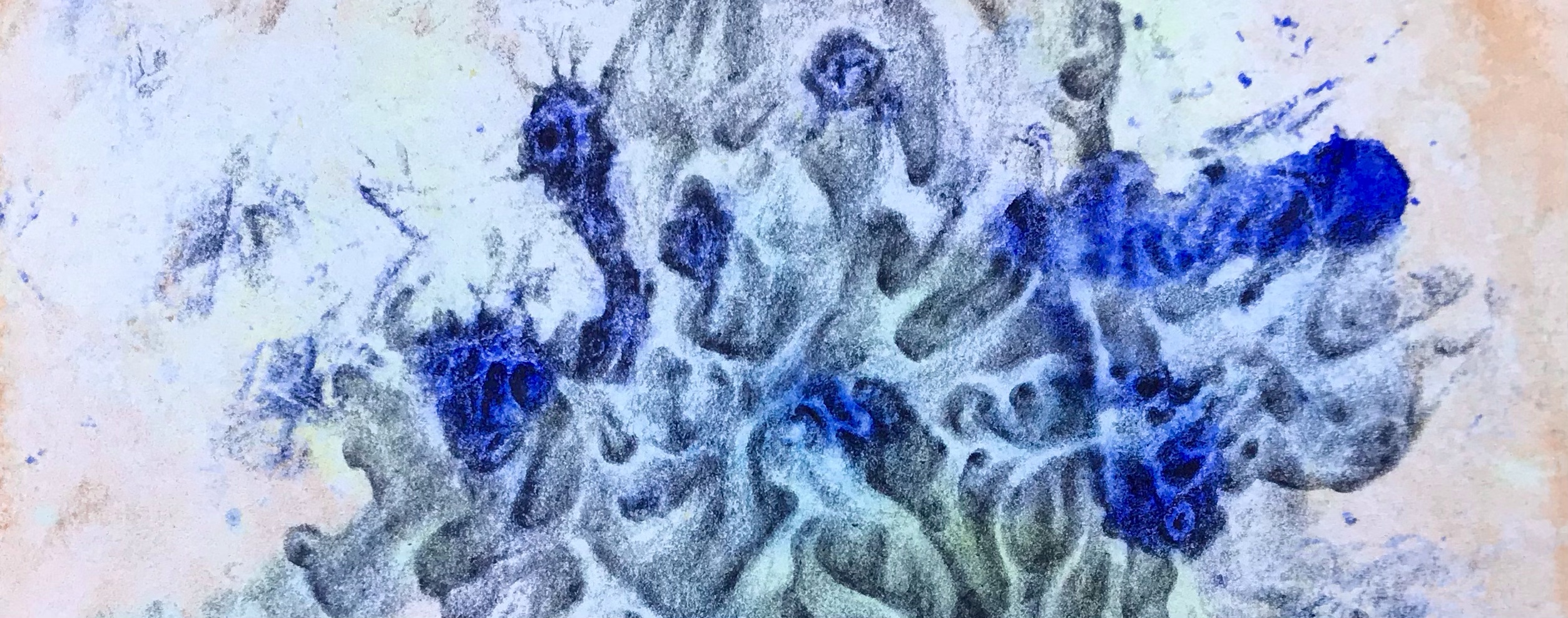 Detail of a biomorphic drawing over an abstract watercolor painting by MJ Seal