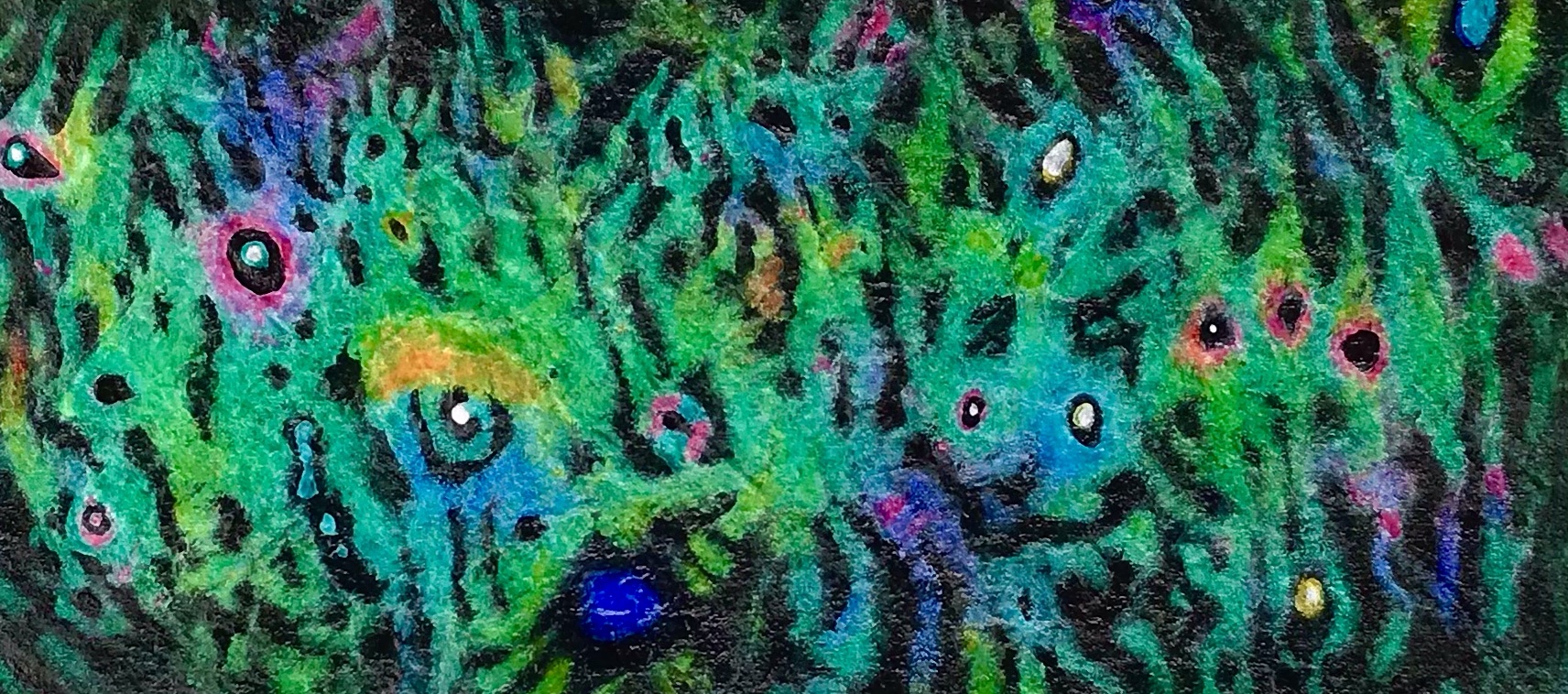 Close up detail of a colorful abstract painting on a scrap of drop cloth by MJ Seal that resembles some peculiar sea creature with numerous eyespots