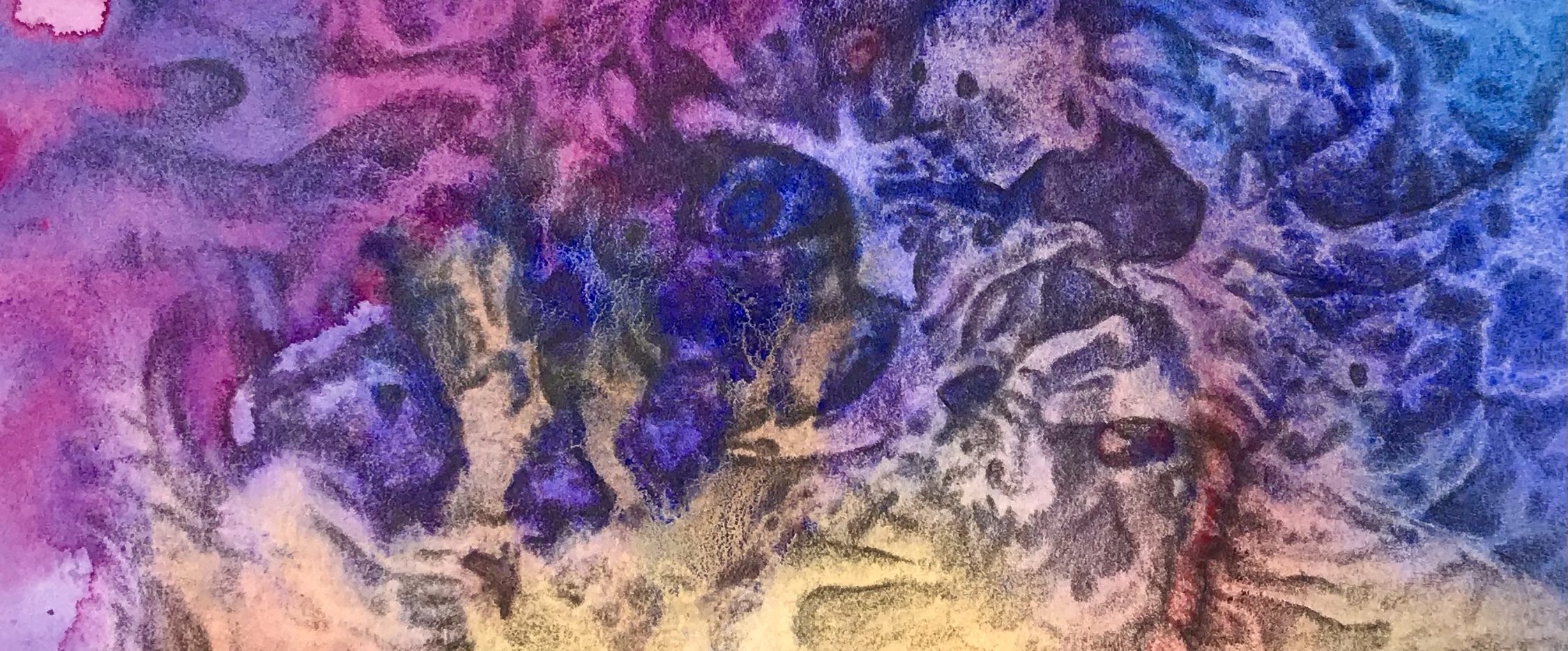 Detail of a biomorphic pencil drawing by MJ Seal over an abstract watercolor painting