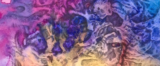 Detail of a biomorphic pencil drawing by MJ Seal over an abstract watercolor painting