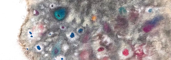 Close up detail of an abstract acrylic painting by MJ Seal that resembles a giant protist covered with tentacles and full of eyes