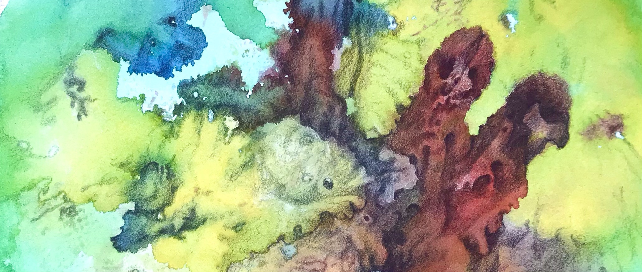 close up detail of a biomorphic drawing over an abstract watercolor painting both by MJ Seal