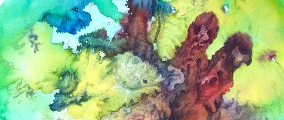 close up detail of a biomorphic drawing over an abstract watercolor painting both by MJ Seal