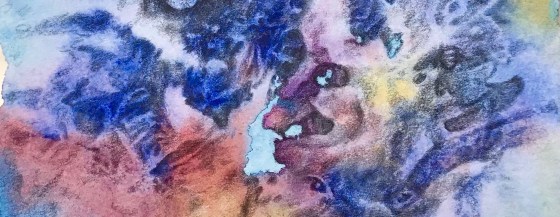 detail of a biomorphic drawing over an abstract watercolor painting both by MJ Seal