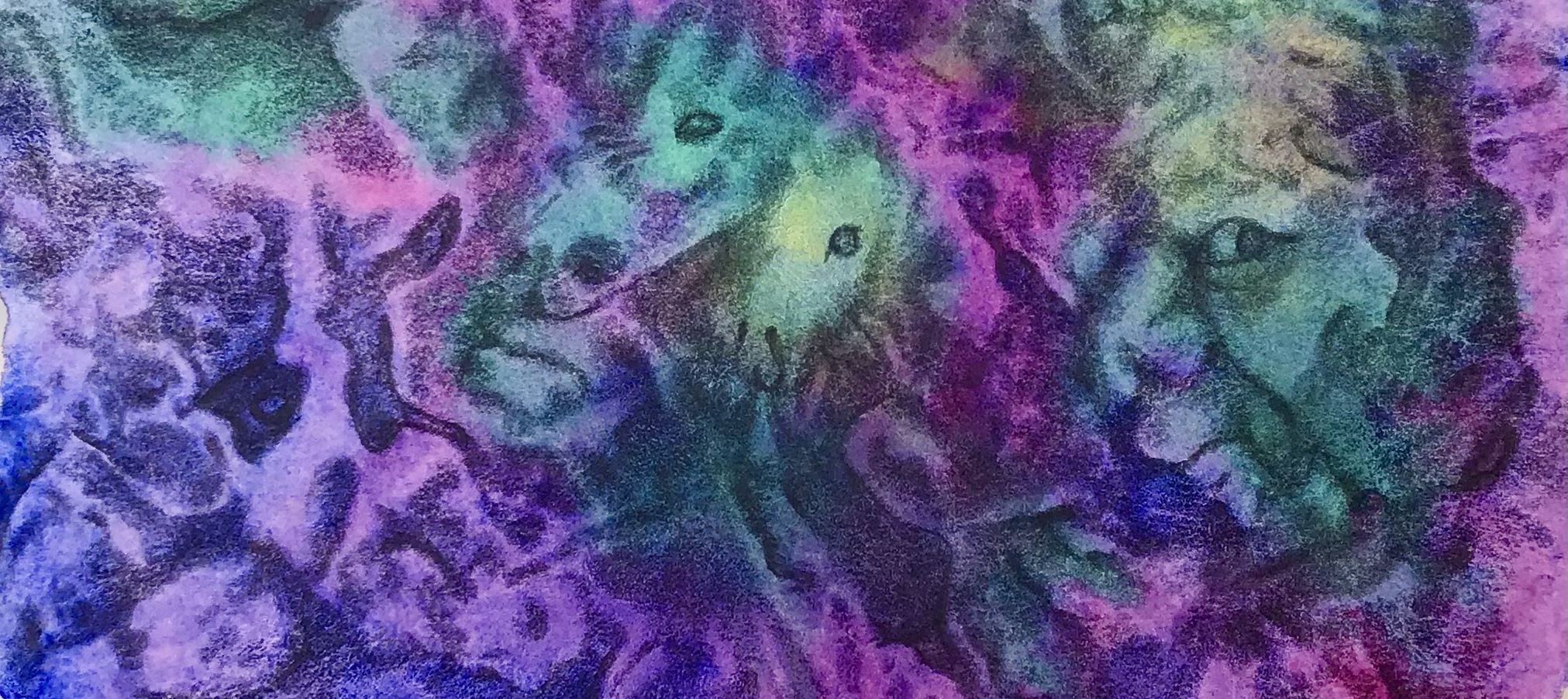 detail of a biomorphic drawing over an abstract watercolor painting both by MJ Seal