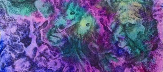 detail of a biomorphic drawing over an abstract watercolor painting both by MJ Seal