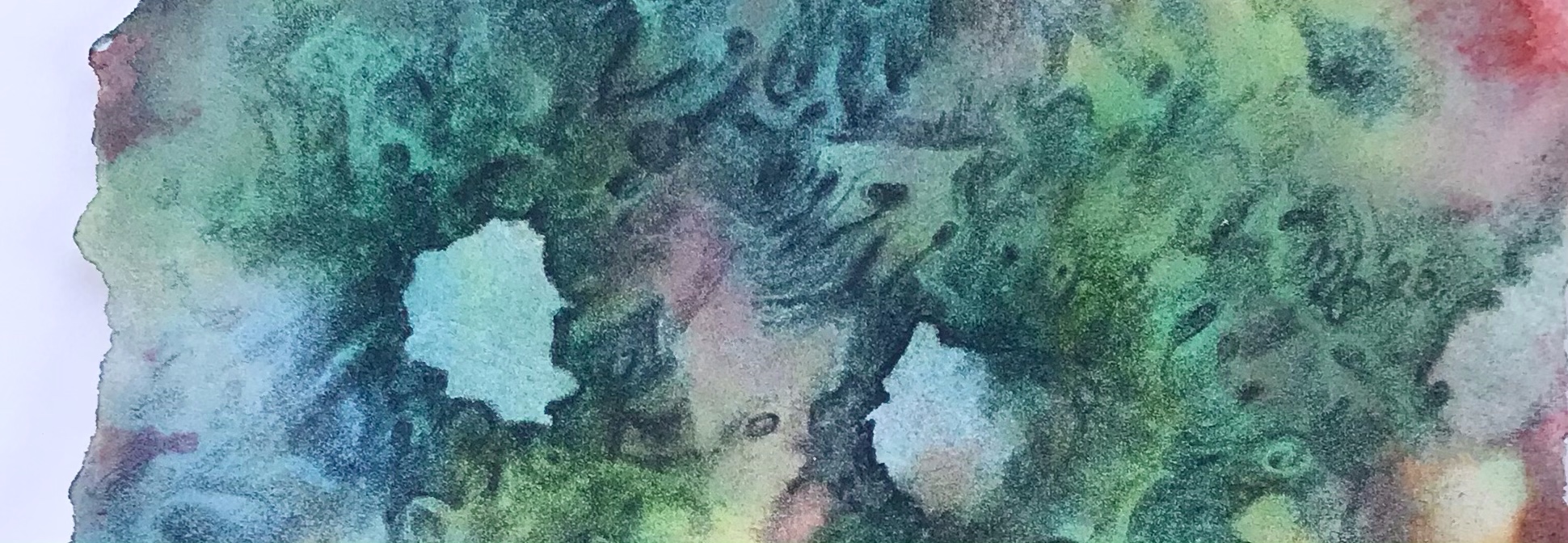 detail of a biomorphic drawing over an abstract watercolor painting both by MJ Seal