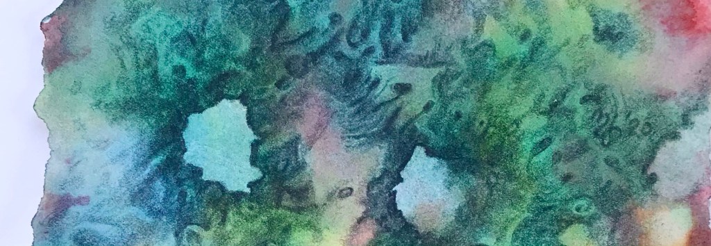 detail of a biomorphic drawing over an abstract watercolor painting both by MJ Seal