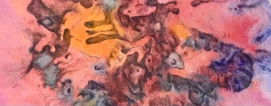 detail of a biomorphic drawing over an abstract watercolor painting both by MJ Seal