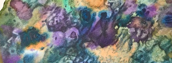 detail of a biomorphic drawing over an abstract watercolor painting both by MJ Seal