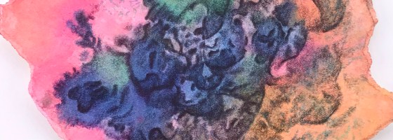 detail of a biomorphic pencil drawing by MJ Seal over an abstract watercolor painting