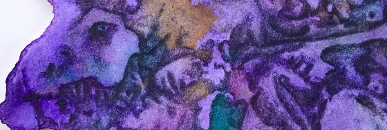 detail of a biomorphic pencil drawing by MJ Seal over an abstract watercolor painting