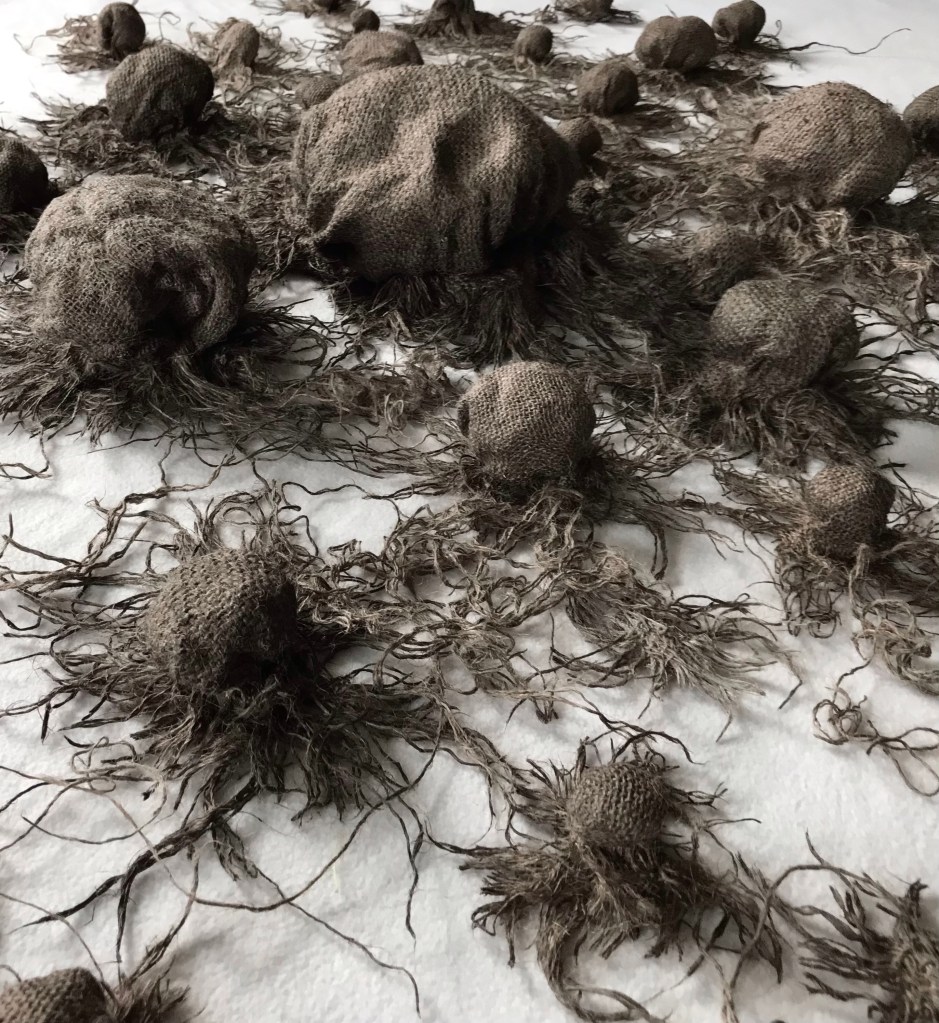 Detail of a large art installation piece by MJ Seal made from sackcloth stained with charred bones that resembles a giant cluster of dark gray puffball mushrooms with extending roots emerging from a wall