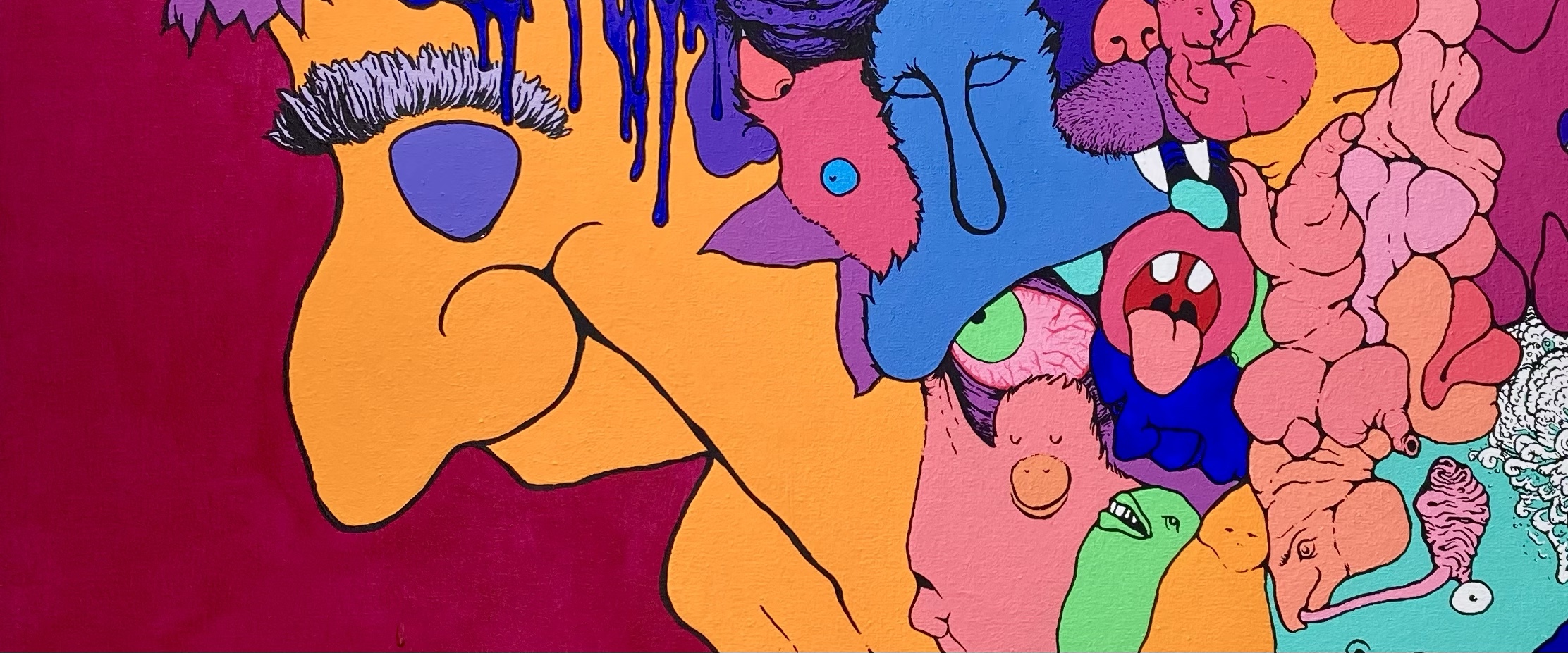 Detail of an original cartoonish surreal acrylic painting by MJ Seal titled Eventide