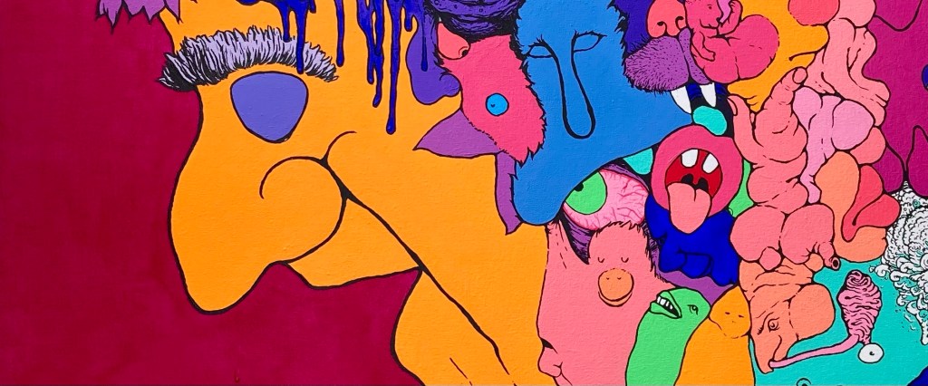 Detail of an original cartoonish surreal acrylic painting by MJ Seal titled Eventide