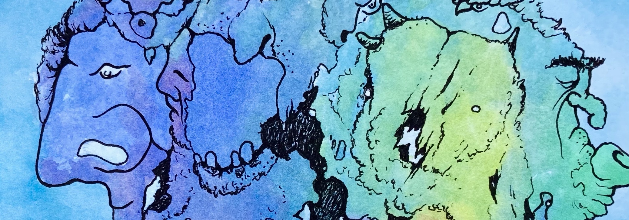 detail of a surreal biomorphic ink drawing on an abstract watercolor painting by MJ Seal