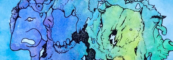 detail of a surreal biomorphic ink drawing on an abstract watercolor painting by MJ Seal