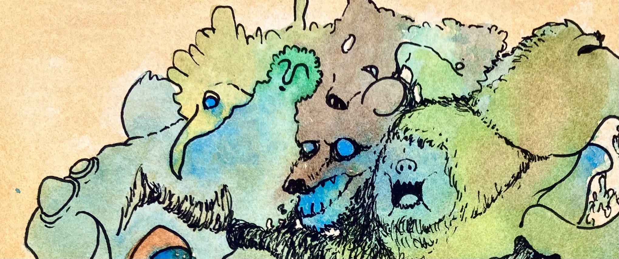 detail of a surreal biomorphic ink drawing on an abstract watercolor painting by MJ Seal