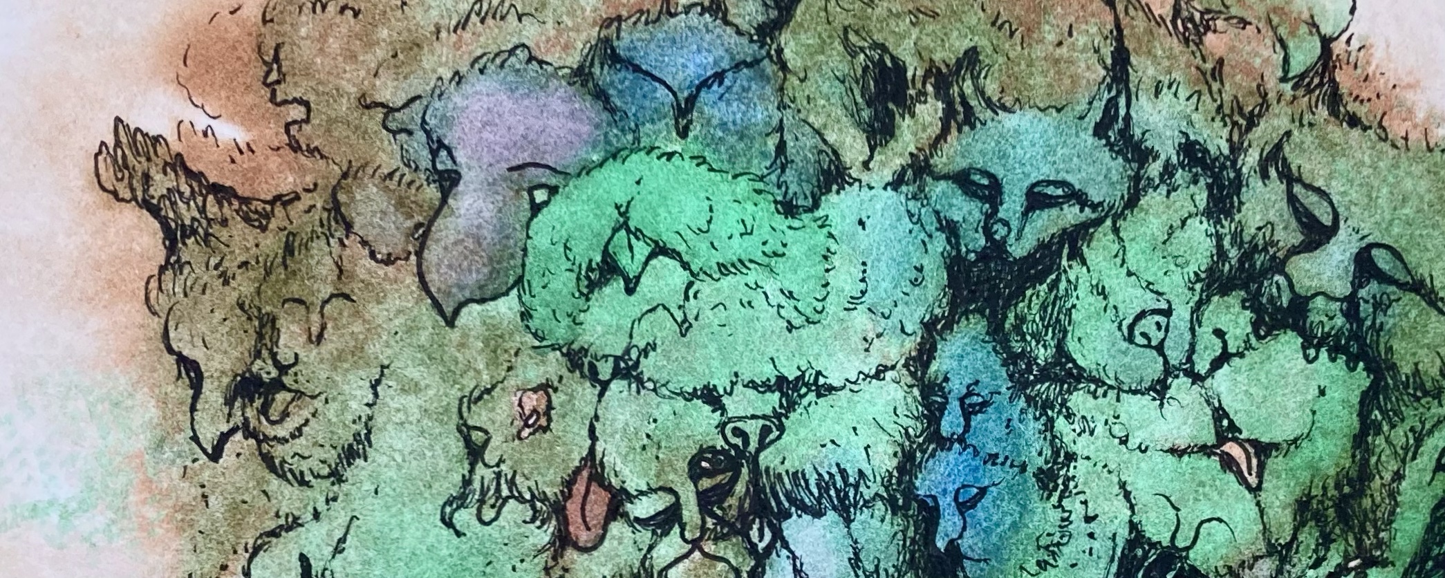 detail of a surreal biomorphic ink drawing on an abstract watercolor painting by MJ Seal