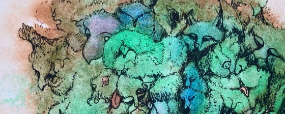 detail of a surreal biomorphic ink drawing on an abstract watercolor painting by MJ Seal