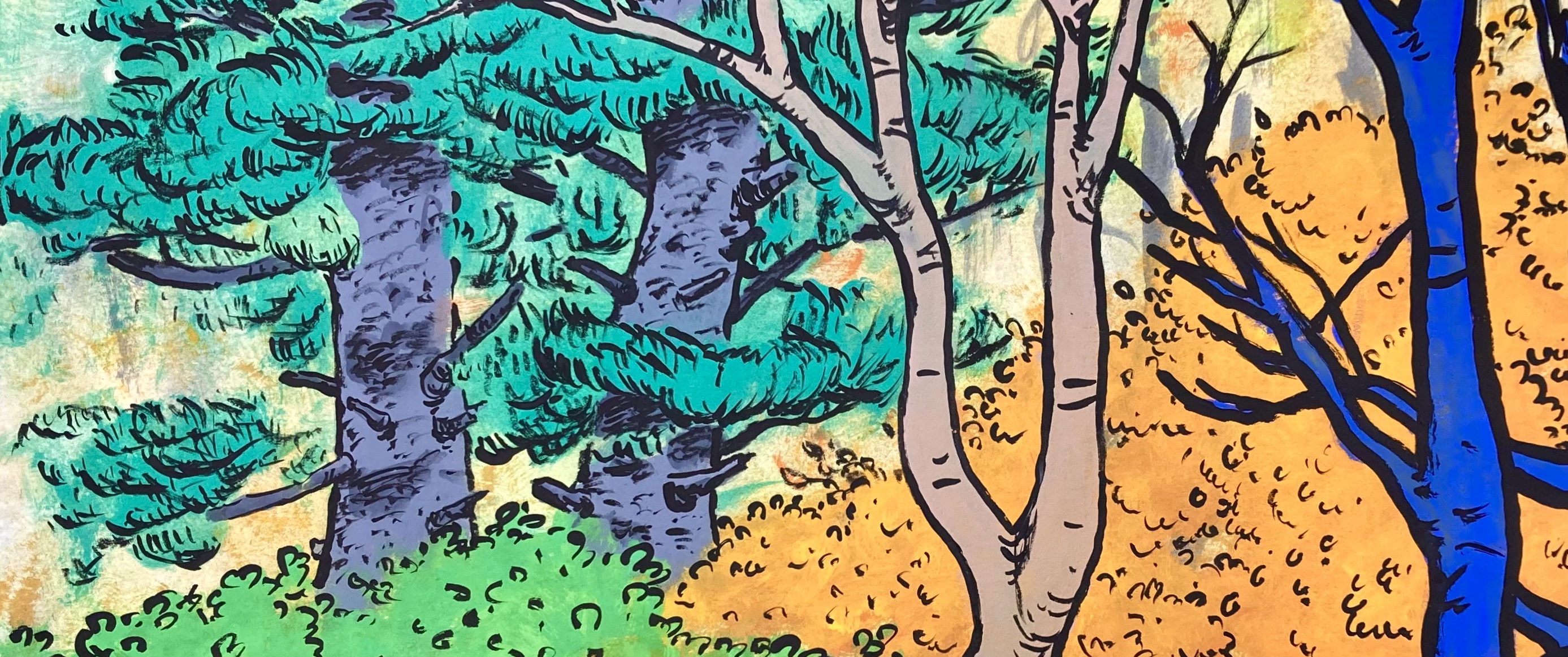 A cartoonish, colorful autumn landscape study executed in gouache by MJ Seal