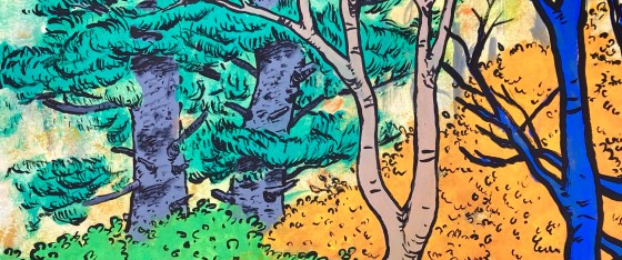 A cartoonish, colorful autumn landscape study executed in gouache by MJ Seal