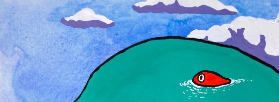 detail of a cartoonish surreal gouache and watercolor painting by MJ Seal titled Intrusive Thought