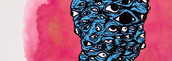 detail of a cartoonish surreal gouache and watercolor painting by MJ Seal titled Omniscient Being