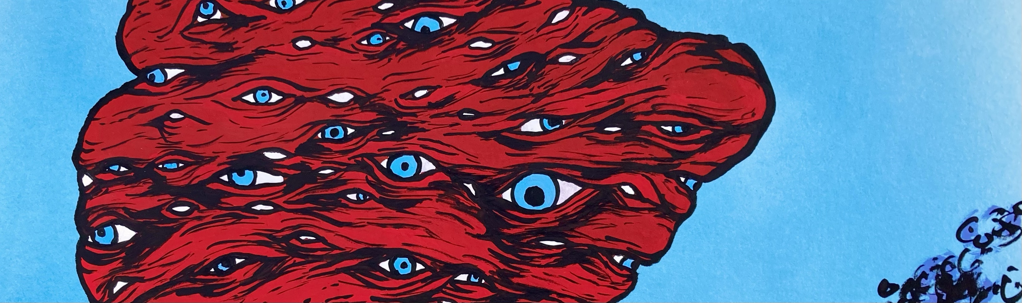 detail of a surreal biomorphic ink drawing on an abstract watercolor painting by MJ Seal