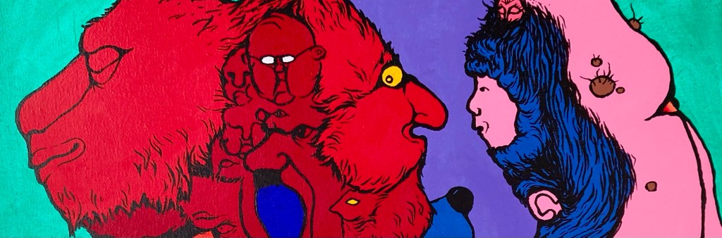 Detail of an original cartoonish surreal acrylic painting by MJ Seal titled Envelop -ped