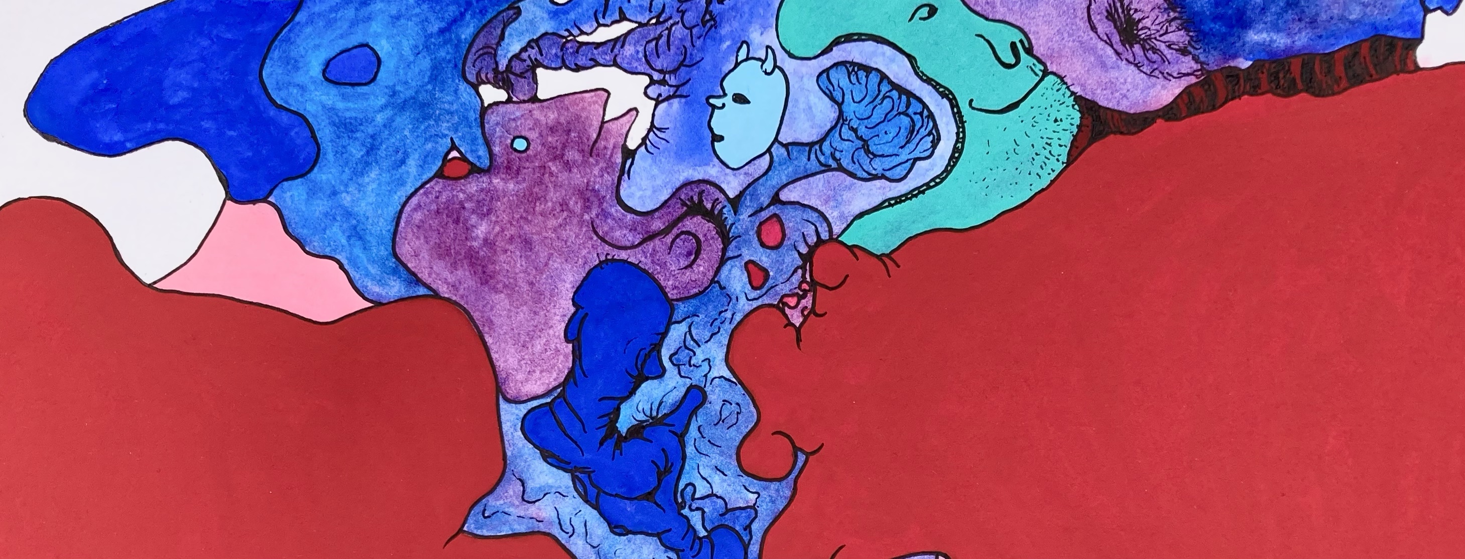 detail of a surreal biomorphic ink drawing on an abstract watercolor painting by MJ Seal
