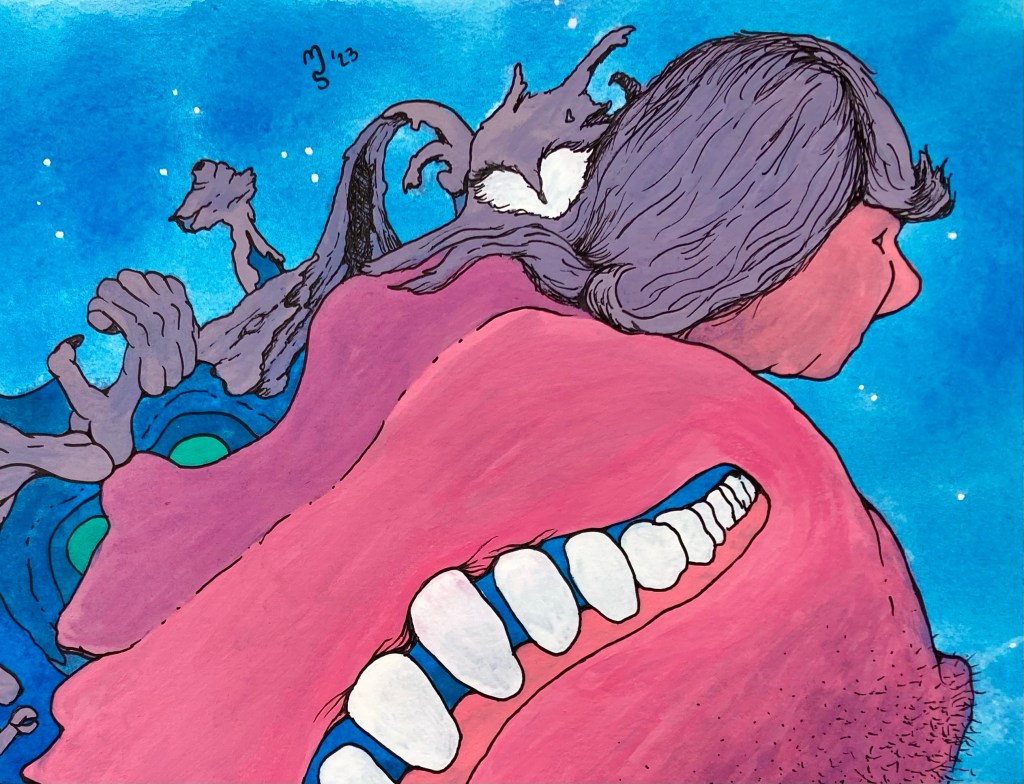 A detail of Blotograph 043023B an original drawing and painting by MJ Seal created through free association and biomorphic abstraction.