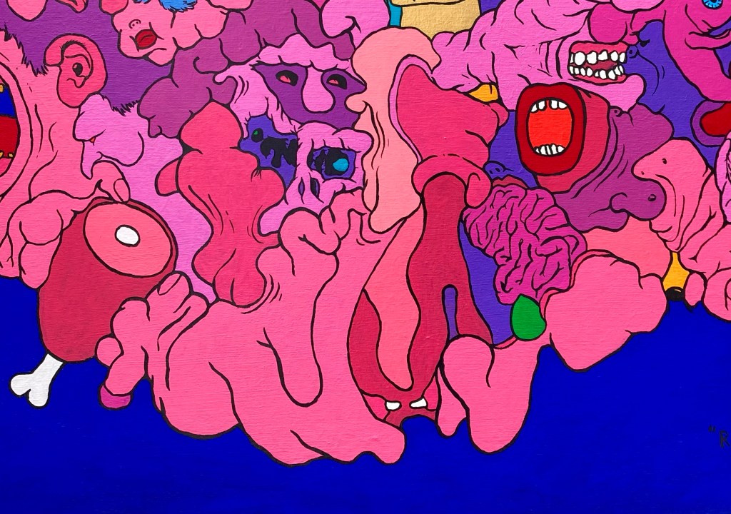 A detail of Ravenous an original painting by MJ Seal created through free association and biomorphic abstraction.