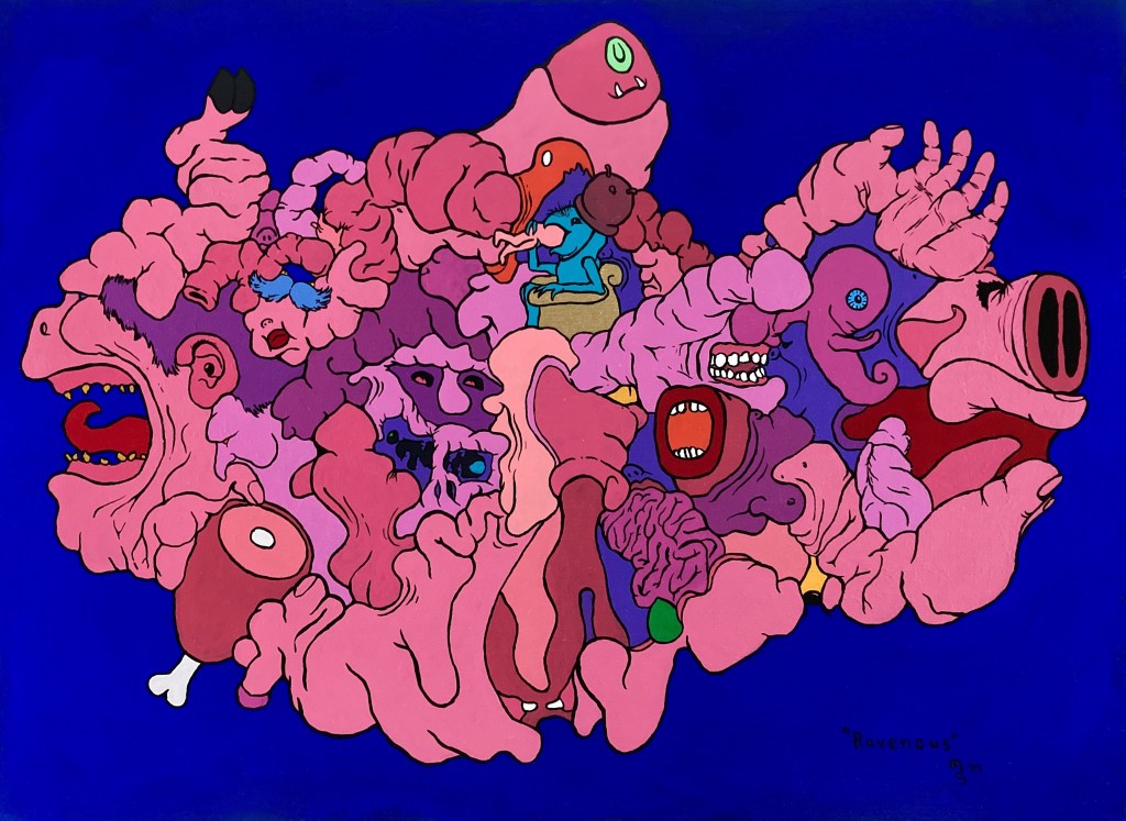 Full view of an abstract, biomorphic painting by MJ Seal titled Ravenous which was produced through the process of free association
